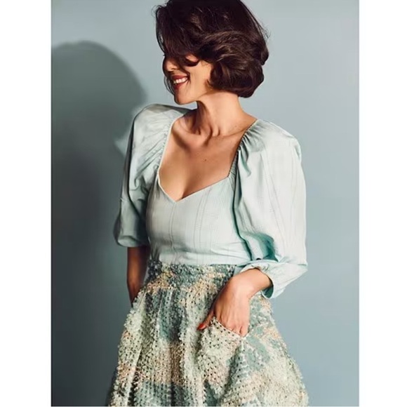 Buru Sweetheart Neck Balloon Sleeve Stripe Smocked Bustier Crop Top NWT Aqua - Picture 1 of 16